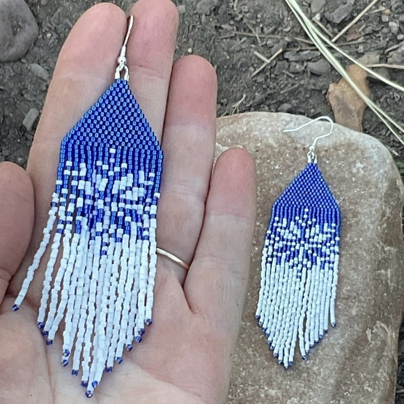 Blue and White Snowflake Beaded Earrings with Fringe, New, Handmade by Me - Picture 9 of 12